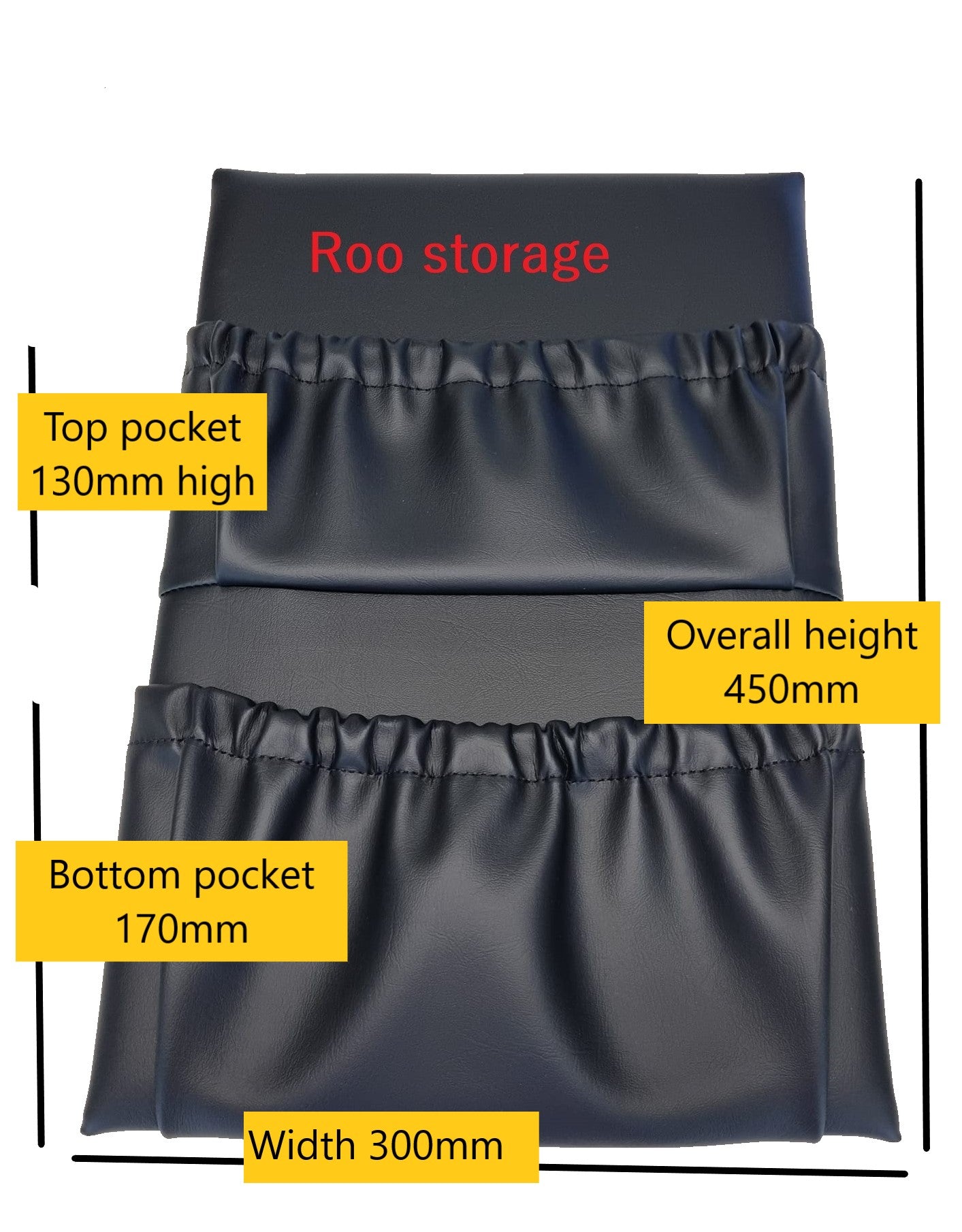 Double pockets, various sizes. Vinyl, synthetic leather and fabric