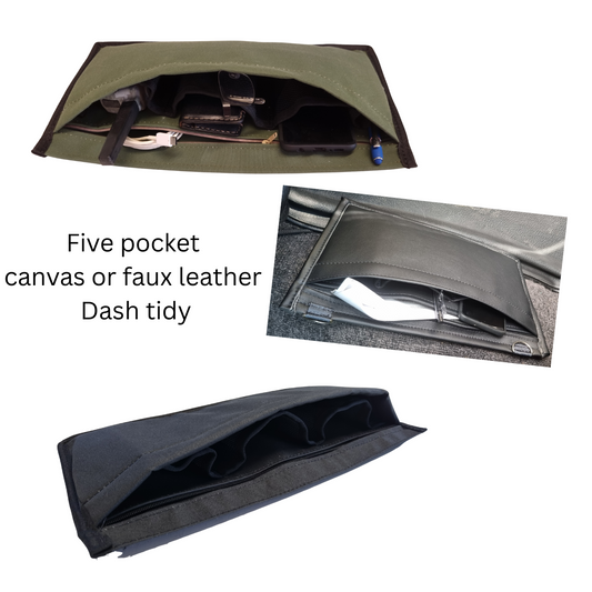 Canvas or faux leather dash tidy 5 pockets