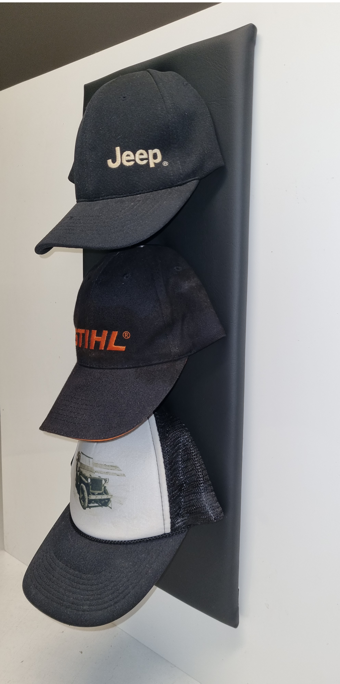 Baseball cap hanger three hooks board only 350mm wide x 600mm high Faux leather